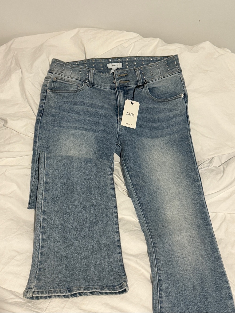 Forever 21 Light Blue Studded Waist Wide Leg Jeans
